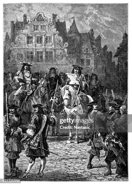 revocation of the edict of nantes, october 1685. louis xiv renounced the edict and declared protestantism illegal - protestantism stock illustrations