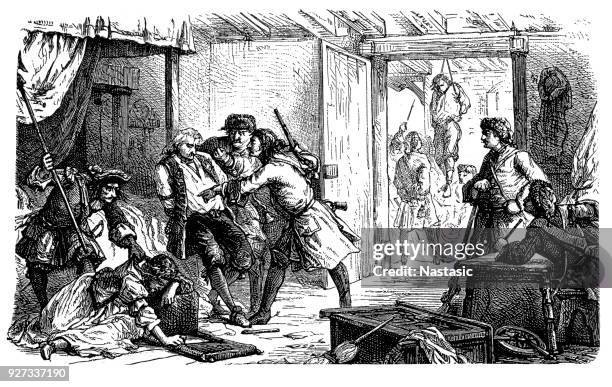 revocation of the edict of nantes,scene with "dragonnades" ,french government policy instituted by king louis xiv in 1681 to intimidate huguenot families into either leaving france or converting to catholicism - fascismo stock illustrations