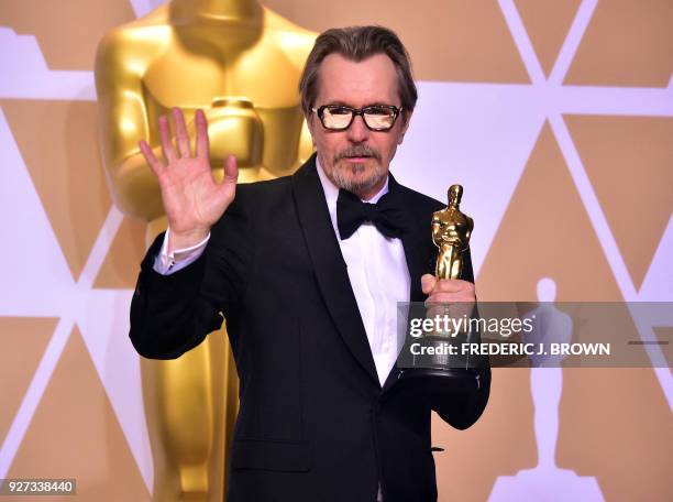 Actor Gary Oldman poses in the press room with the Oscar for best actor during the 90th Annual Academy Awards on March 4 in Hollywood, California.