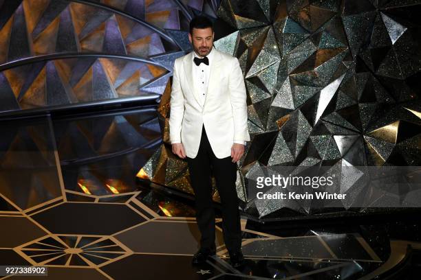 Host Jimmy Kimmel says goodnight onstage during the 90th Annual Academy Awards at the Dolby Theatre at Hollywood & Highland Center on March 4, 2018...