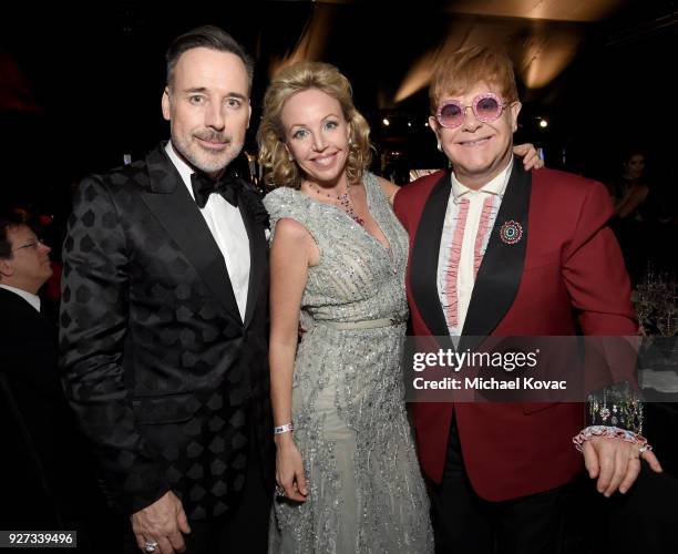 David Furnish, Princess Camilla Duchess of Castro, and Sir Elton John attend the 26th annual Elton John AIDS Foundation Academy Awards Viewing Party...