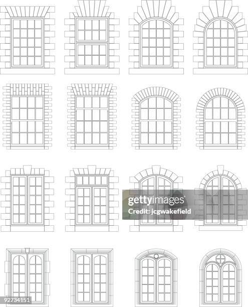 verschiedene fenster & umgebung - bogen architektonisches detail stock-grafiken, -clipart, -cartoons und -symbole