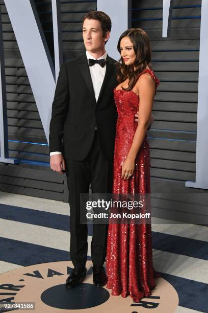 Miles Teller and Keleigh Sperry attends the 2018 Vanity Fair Oscar Party hosted by Radhika Jones at Wallis Annenberg Center for the Performing Arts...