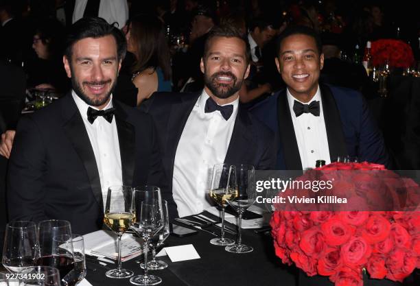 Jwan Yosef, Ricky Martin and Don Lemon attend the 26th annual Elton John AIDS Foundation Academy Awards Viewing Party with cocktails by Clase Azul...