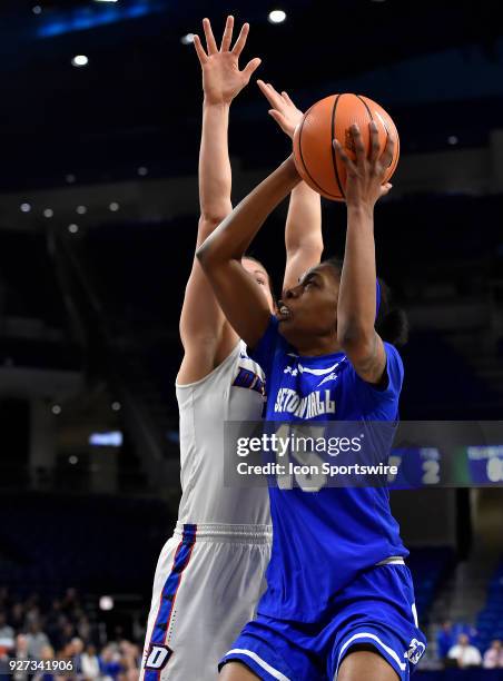 Seton Hall Pirates forward Deja Winters looks to shoot the ball against the DePaul Blue Demons on March 4, 2018 at the Wintrust Arena in Chicago,...