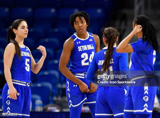 Seton Hall Pirates guard/forward Shadeen Samuels is seen with teammates during the game against the DePaul Blue Demons on March 4, 2018 at the...