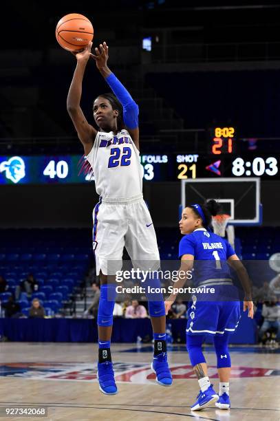 DePaul Blue Demons forward Chante Stonewall shoots a jumper during the game against the Seton Hall Pirates on March 4, 2018 at the Wintrust Arena in...