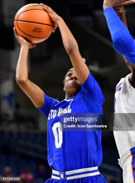 Seton Hall Pirates guard JaQuan Jackson goes up to shoot a lay up against the DePaul Blue Demons on March 4, 2018 at the Wintrust Arena in Chicago,...