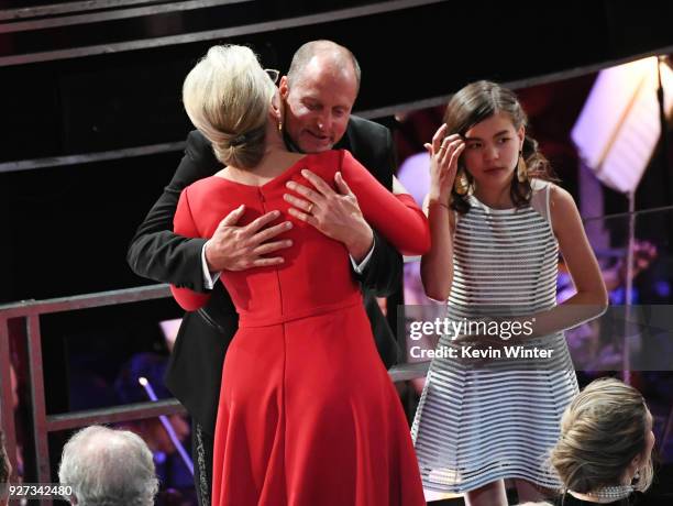 Actors Meryl Streep and Woody Harrelson and Makani Harrelson during the 90th Annual Academy Awards at the Dolby Theatre at Hollywood & Highland...