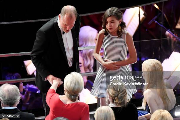 Actors Woody Harrelson and Meryl Streep with Makani Harrelson during the 90th Annual Academy Awards at the Dolby Theatre at Hollywood & Highland...