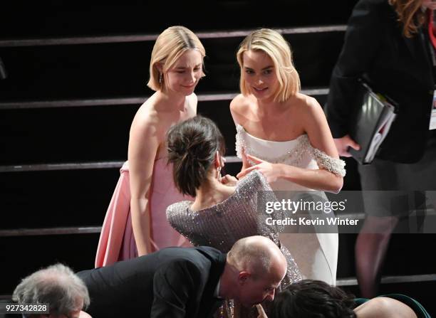 Actors Saoirse Ronan, Sally Hawkins and Margot Robbie speak during the 90th Annual Academy Awards at the Dolby Theatre at Hollywood & Highland Center...