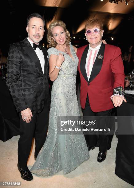 David Furnish, Princess Camilla Duchess of Castro, and Sir Elton John attend Elton John AIDS Foundation 26th Annual Academy Awards Viewing Party at...