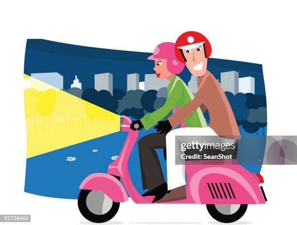 nigth scooter - two men driving stock illustrations