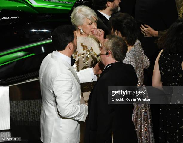 Host Jimmy Kimmel, actors Helen Mirren and Sally Hawkins onstage during the 90th Annual Academy Awards at the Dolby Theatre at Hollywood & Highland...