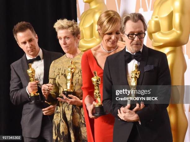 Best Actress Frances McDormand , Best Supporting actor Sam Rockwell , Best Supporting Actress Allison Janney and Best Actor Gary Oldman leave the...