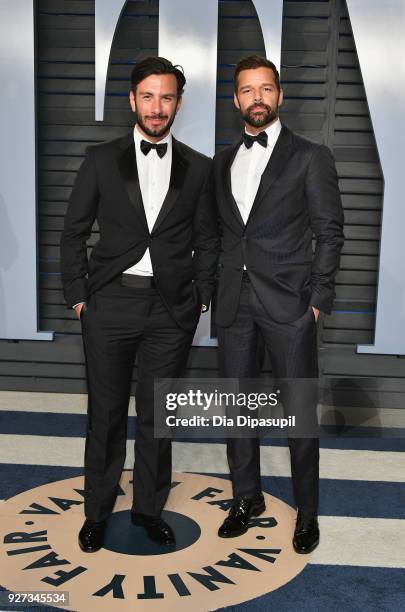 Jwan Yosef and Ricky Martin attend the 2018 Vanity Fair Oscar Party hosted by Radhika Jones at Wallis Annenberg Center for the Performing Arts on...