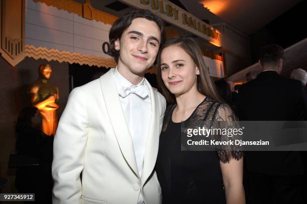 Timothee Chalamet and Pauline Chalamet attend the 90th Annual Academy Awards Governors Ball at Hollywood & Highland Center on March 4, 2018 in...