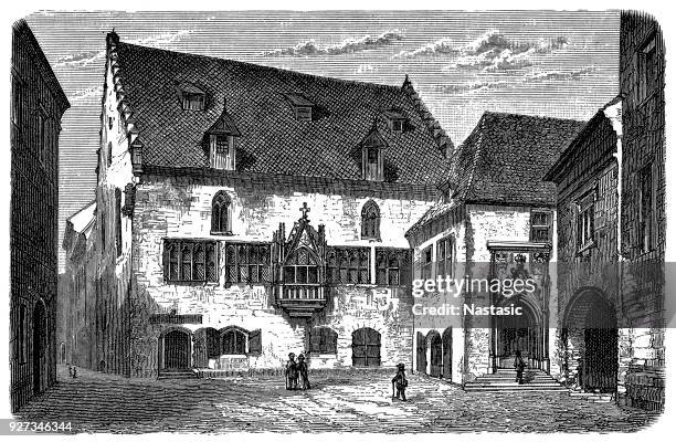 historic town hall in regensburg / germany - cobblestone stock illustrations