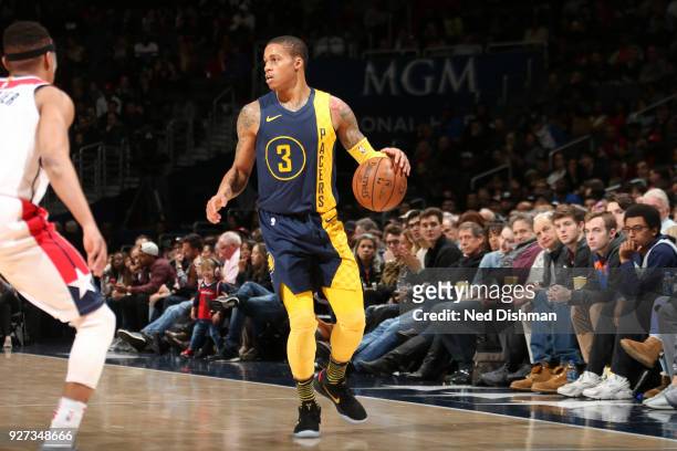 Joe Young of the Indiana Pacers handles the ball against the Washington Wizards on March 4, 2018 at Capital One Arena in Washington, DC. NOTE TO...