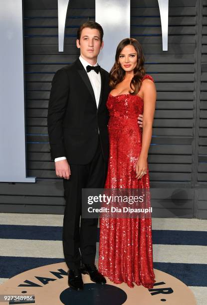 Miles Teller and Keleigh Sperry attend the 2018 Vanity Fair Oscar Party hosted by Radhika Jones at Wallis Annenberg Center for the Performing Arts on...