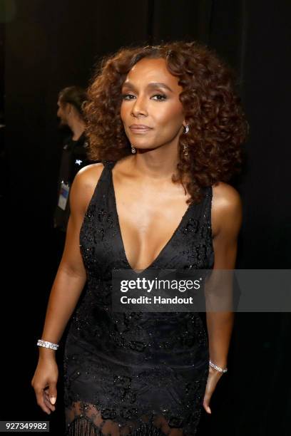 In this handout provided by A.M.P.A.S., Janet Mock attends the 90th Annual Academy Awards at the Dolby Theatre on March 4, 2018 in Hollywood,...