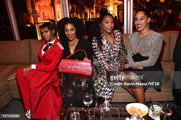 Janelle Monae, Angela Bassett and Tracee Ellis Ross attend the 2018 Vanity Fair Oscar Party hosted by Radhika Jones at Wallis Annenberg Center for...