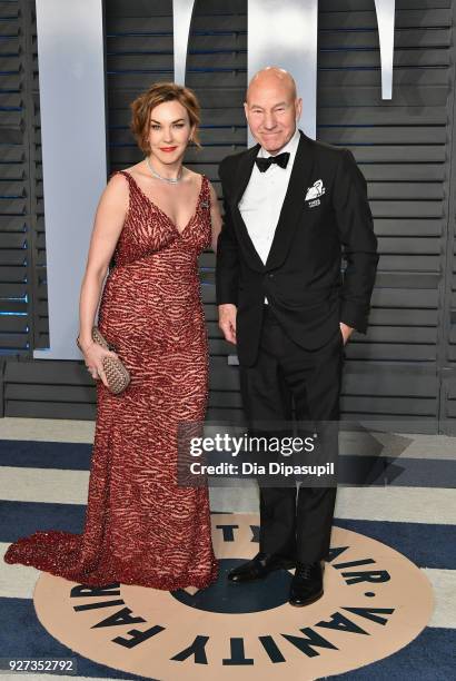 Sunny Ozell and Patrick Stewart attend the 2018 Vanity Fair Oscar Party hosted by Radhika Jones at Wallis Annenberg Center for the Performing Arts on...