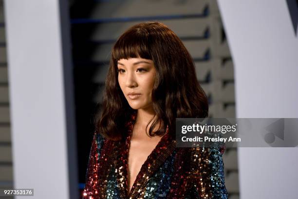 Constance Wu attends the 2018 Vanity Fair Oscar Party Hosted By Radhika Jones - Arrivals at Wallis Annenberg Center for the Performing Arts on March...