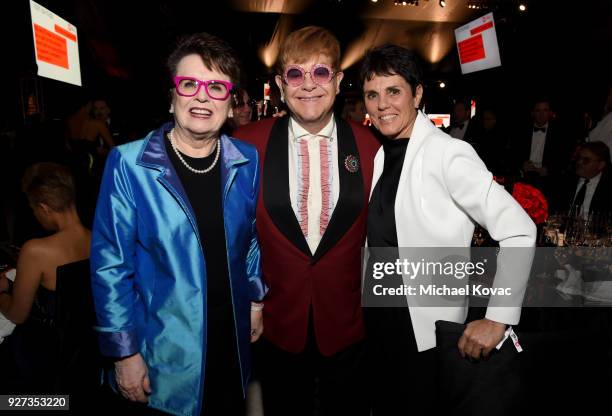 Billie Jean King, Sir Elton John, and Ilana Kloss attend the 26th annual Elton John AIDS Foundation Academy Awards Viewing Party sponsored by...