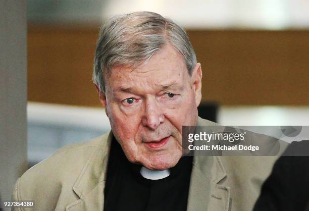 Cardinal George Pell leaves the Melbourne Magistrates' Court on March 5, 2018 in Melbourne, Australia. Cardinal Pell was charged on summons by...