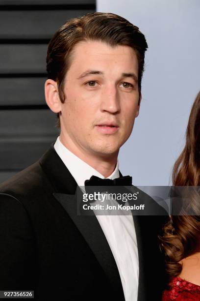 Miles Teller attends the 2018 Vanity Fair Oscar Party hosted by Radhika Jones at Wallis Annenberg Center for the Performing Arts on March 4, 2018 in...