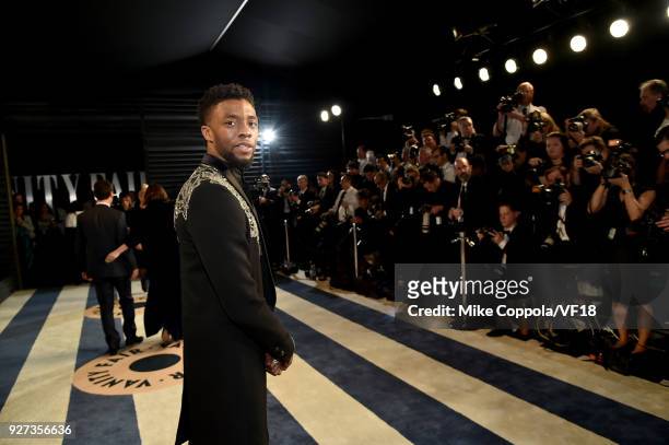 Chadwick Boseman attends the 2018 Vanity Fair Oscar Party hosted by Radhika Jones at Wallis Annenberg Center for the Performing Arts on March 4, 2018...