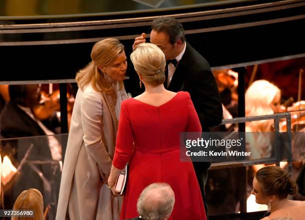 Musician Dominique Lemonnier, actor Meryl Streep and composer Alexandre Desplat attend the 90th Annual Academy Awards at the Dolby Theatre at...