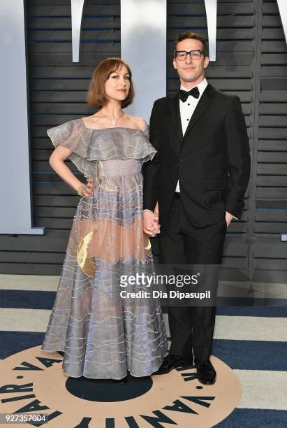Joanna Newsom and Andy Samberg attend the 2018 Vanity Fair Oscar Party hosted by Radhika Jones at Wallis Annenberg Center for the Performing Arts on...