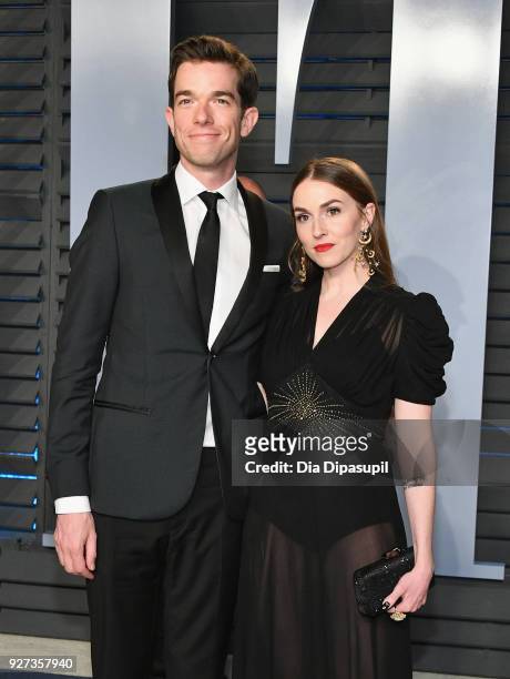 John Mulaney and Annamarie Tendler attend the 2018 Vanity Fair Oscar Party hosted by Radhika Jones at Wallis Annenberg Center for the Performing Arts...