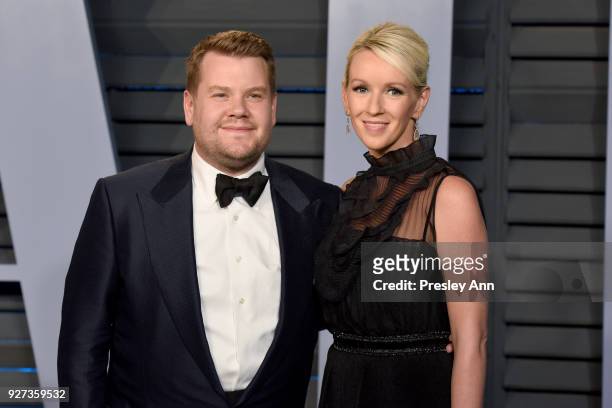 James Corden and Julia Carey attend the 2018 Vanity Fair Oscar Party Hosted By Radhika Jones - Arrivals at Wallis Annenberg Center for the Performing...