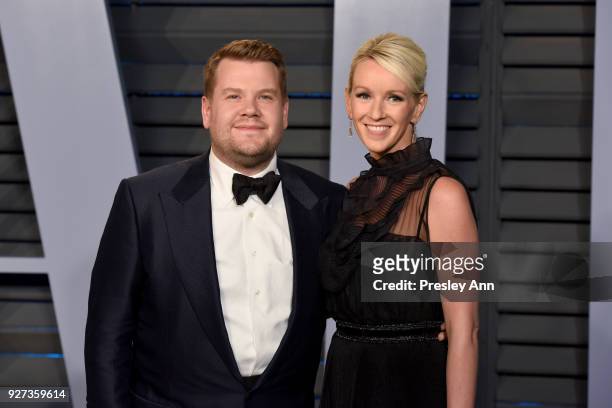 James Corden and Julia Carey attend the 2018 Vanity Fair Oscar Party Hosted By Radhika Jones - Arrivals at Wallis Annenberg Center for the Performing...