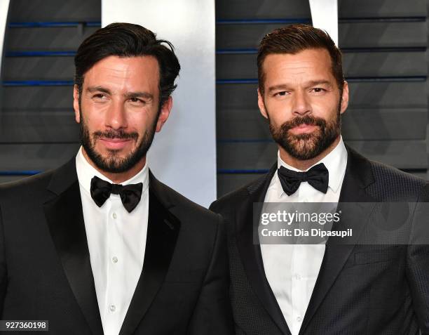 Jwan Yosef and Ricky Martin attend the 2018 Vanity Fair Oscar Party hosted by Radhika Jones at Wallis Annenberg Center for the Performing Arts on...