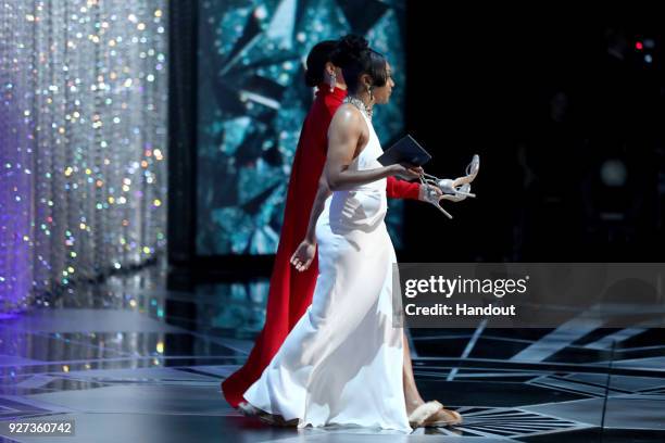 In this handout provided by A.M.P.A.S., Tiffany Haddish and Maya Rudolph attend the 90th Annual Academy Awards at the Dolby Theatre on March 4, 2018...