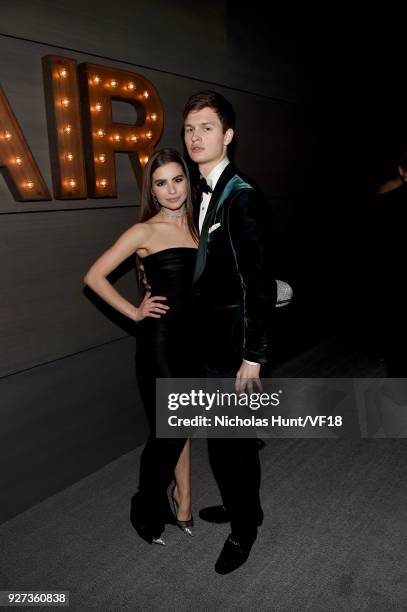 Violetta Komyshan and Ansel Elgort attend the 2018 Vanity Fair Oscar Party hosted by Radhika Jones at Wallis Annenberg Center for the Performing Arts...