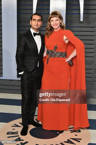 Kumail Nanjiani and Emily V. Gordon attend the 2018 Vanity Fair Oscar Party hosted by Radhika Jones at Wallis Annenberg Center for the Performing...