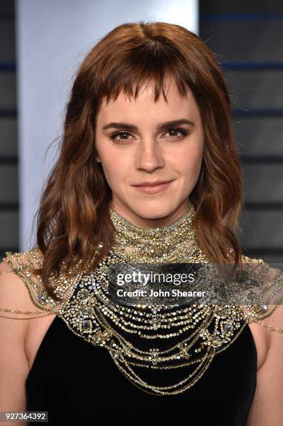 Actress Emma Watson attends the 2018 Vanity Fair Oscar Party hosted by Radhika Jones at Wallis Annenberg Center for the Performing Arts on March 4,...