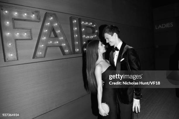 Violetta Komyshan and Ansel Elgort attend the 2018 Vanity Fair Oscar Party hosted by Radhika Jones at Wallis Annenberg Center for the Performing Arts...