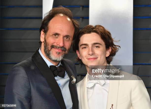 Luca Guadagnino and Timothee Chalamet attend the 2018 Vanity Fair Oscar Party hosted by Radhika Jones at Wallis Annenberg Center for the Performing...