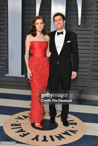 Allison Williams aand Ricky Van Veen attend the 2018 Vanity Fair Oscar Party hosted by Radhika Jones at Wallis Annenberg Center for the Performing...