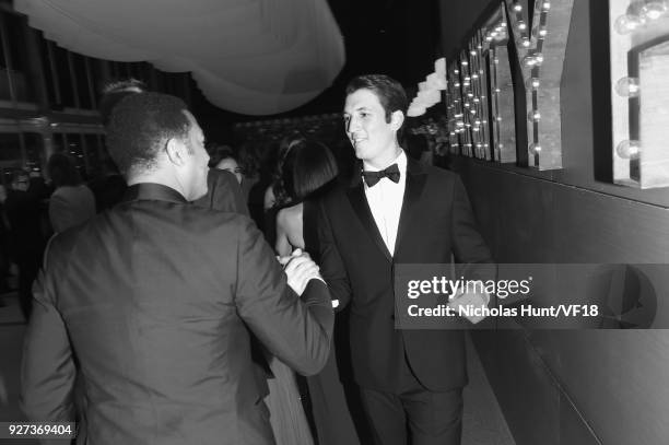 Miles Teller attends the 2018 Vanity Fair Oscar Party hosted by Radhika Jones at Wallis Annenberg Center for the Performing Arts on March 4, 2018 in...