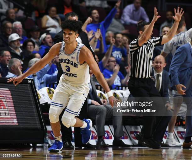 Elijah Bryant of the Brigham Young Cougars reacts after hitting a 3-pointer against the San Diego Toreros during a quarterfinal game of the West...