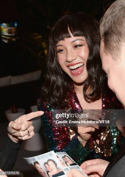 Constance Wu attends the 2018 Vanity Fair Oscar Party hosted by Radhika Jones at Wallis Annenberg Center for the Performing Arts on March 4, 2018 in...