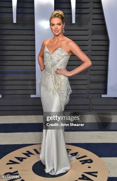 Model Kate Upton attends the 2018 Vanity Fair Oscar Party hosted by Radhika Jones at Wallis Annenberg Center for the Performing Arts on March 4, 2018...