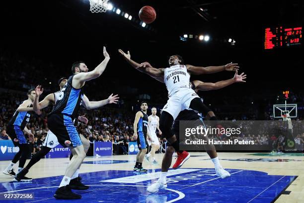 Casper Ware of United lays the ball up during game two of the NBL semi final series between Melbourne United and the New Zealand Breakers at Spark...